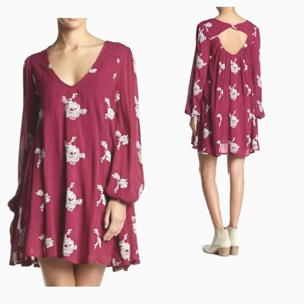 Free People Austin Emma Magenta Hot Pink Embroided Mini Swing Dress Sz Small